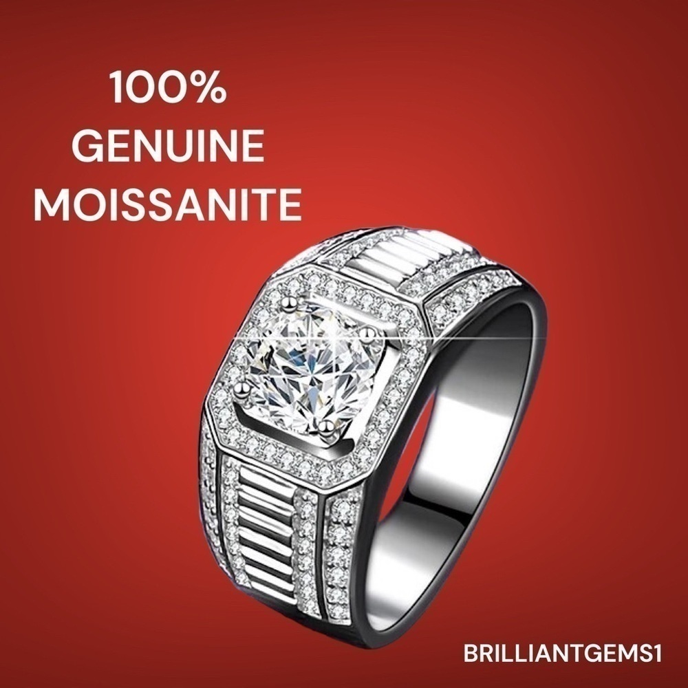 💎243💎 MENS PLATINUM PLATED GENUINE MOISSANITE DIAMOND WEDDING RING - Picture 1 of 13